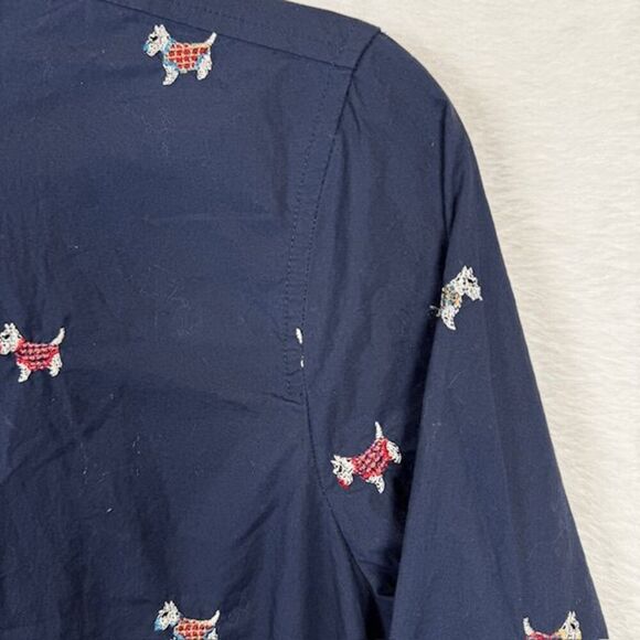 J. Crew Scottie Dogs Embroidered Button Front Shirt Navy Blue Slim Fit Size 8 - Picture 3 of 12